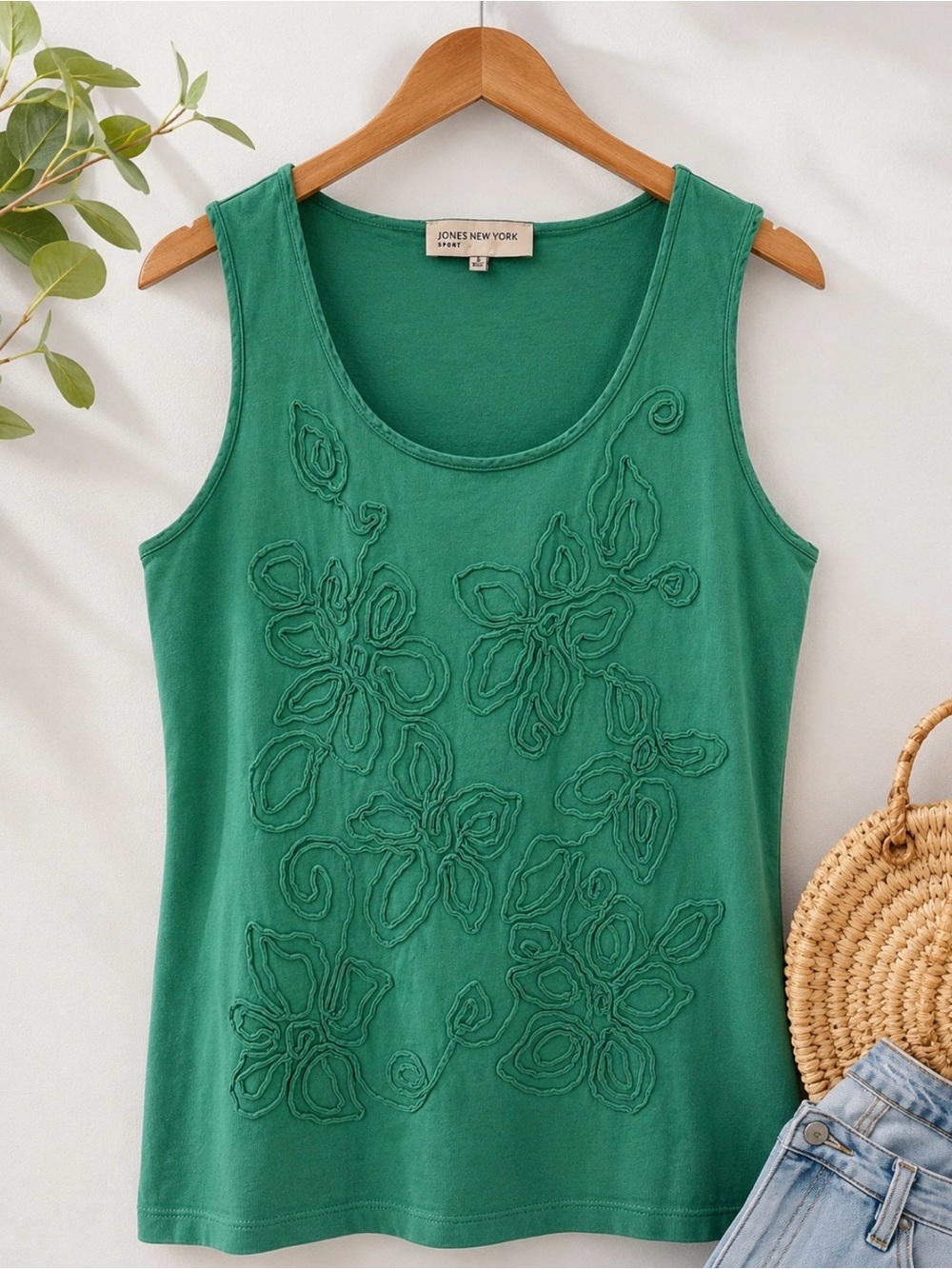 Jones New York Sport Green Floral Appliqué Tank Top 100% Cotton Small